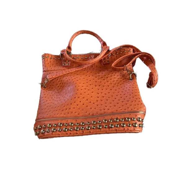 Orange Faux Ostrich Skin Satchel Handbag with Gold Studs - Crossbody Bag - Picture 1 of 5
